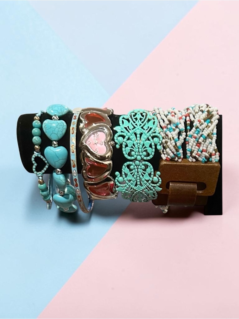 Boho Turquoise Bracelet Stack Set Western Heart Filigree Seed Bead Mixed Media